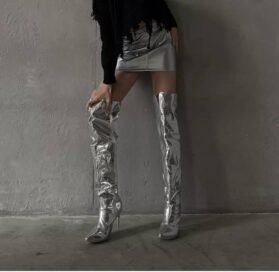 Ботфорты на шпильке серебро