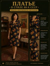 Советское платье в цветочек: Черное  с цветами
